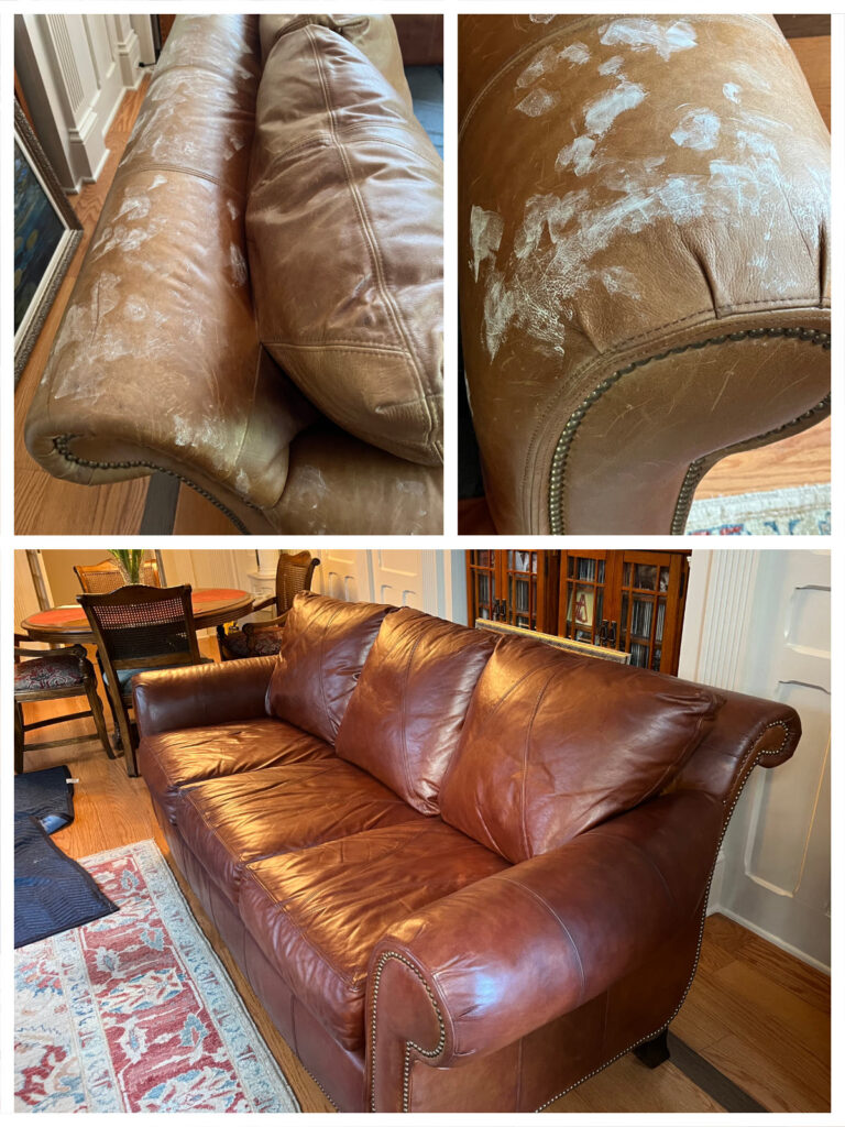 leather repair of sofa with worn arms by J & A Leather Experts